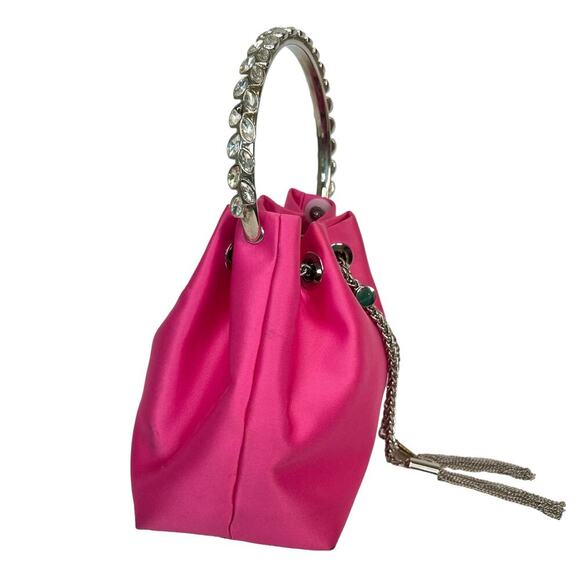 Sondra Robert’s Satin Drawstring Mini Bag Hot a pink Crystal Top Handle - Picture 7 of 8